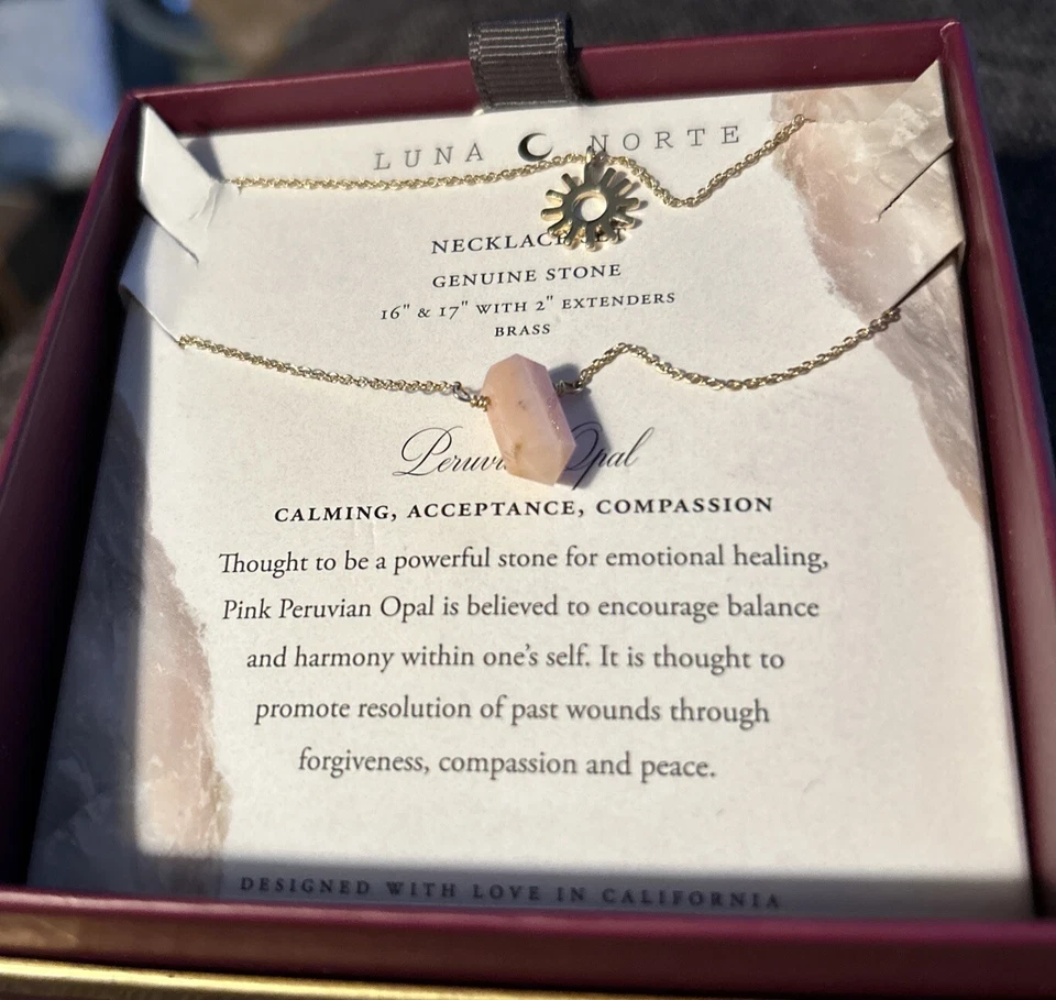 Juego de COLLAR ÓPALO PERUANO ROSA LUNA NORTE Latón Chapado en Oro 14KT ~ ¡NUEVO EN CAJA! Foto 4 de 4