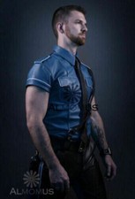 Men's Real Leather Police Shirt Gay Biker Schwarz Cuir Lederhemd Blue Punk Kink