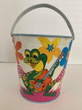 Vintage Ohio Art Tin Litho Sand Pail Graphics Of Frogs Music Flowers  Mushrooms