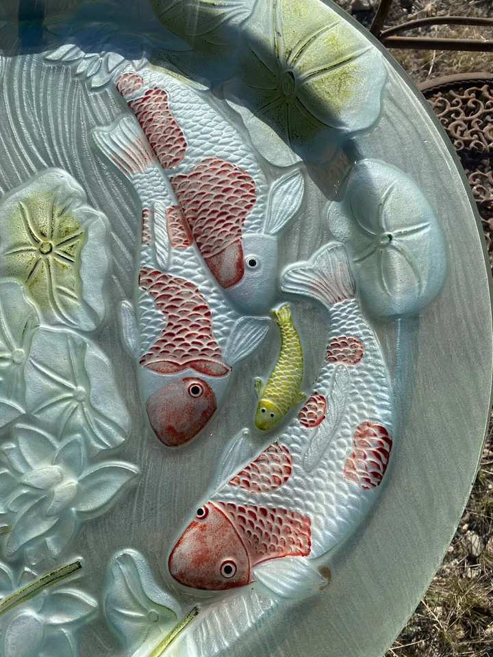 Vintage Wrought Iron Glass Koi Top Table and 2 Lily Pad Glass Tile Folding Chair - Image 4 of 4
