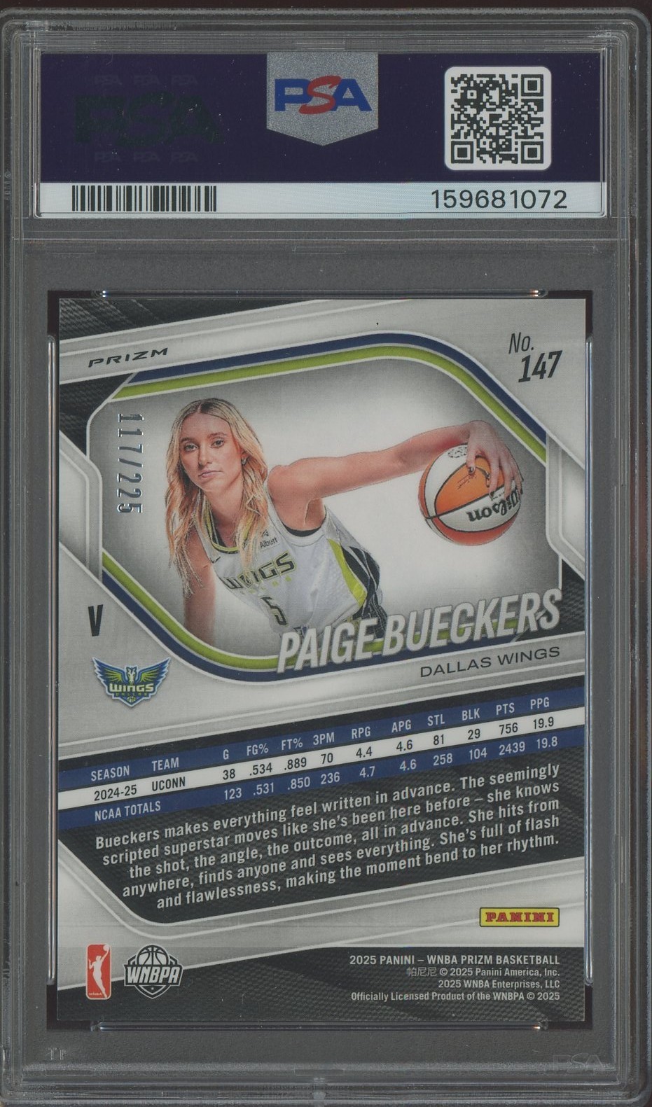 2025 Panini Lime Green Prizm WNBA #147 Paige Bueckers RC Rookie 117/225 PSA 9 view 2