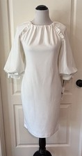  134 Calvin Klein White Sheath Dress Ruffle Puff Sleeve Bridal Engagement Sz 4