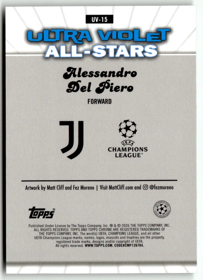 Topps Chrome CL 2026 No. UV-15 Alessandro del Piero Ultra Violet Green 49/99 SSP