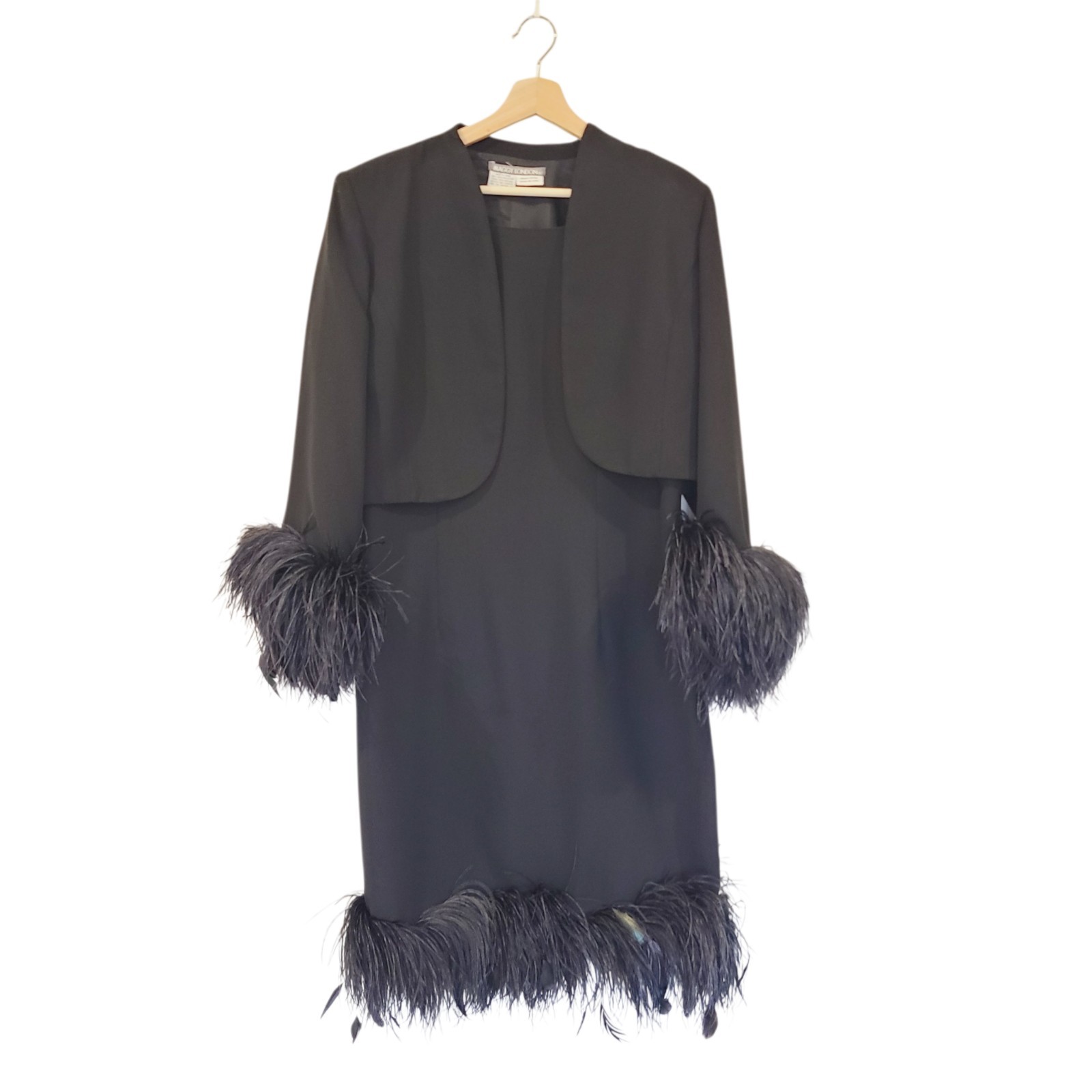 Maggy London Black Shift Dress Bolero Ostrich Feather Trim LBD Party Sz 14