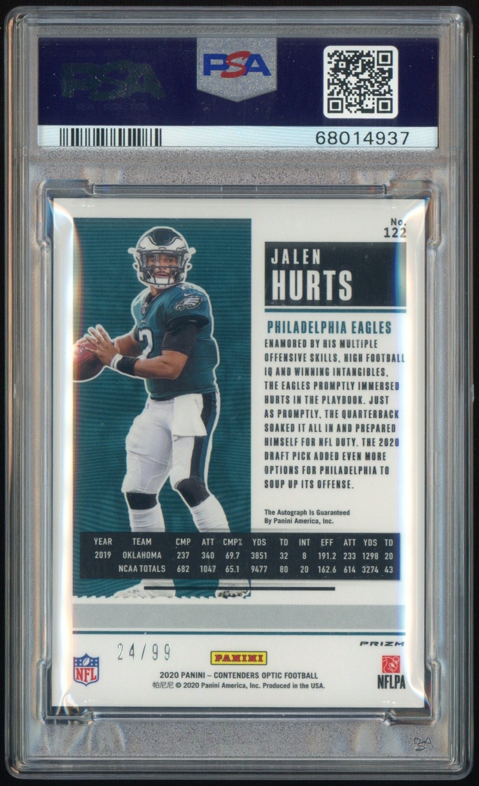 2020 Contenders Optic Jalen Hurts Eagles Teal RC Rookie AUTO /99 PSA 10 view 2