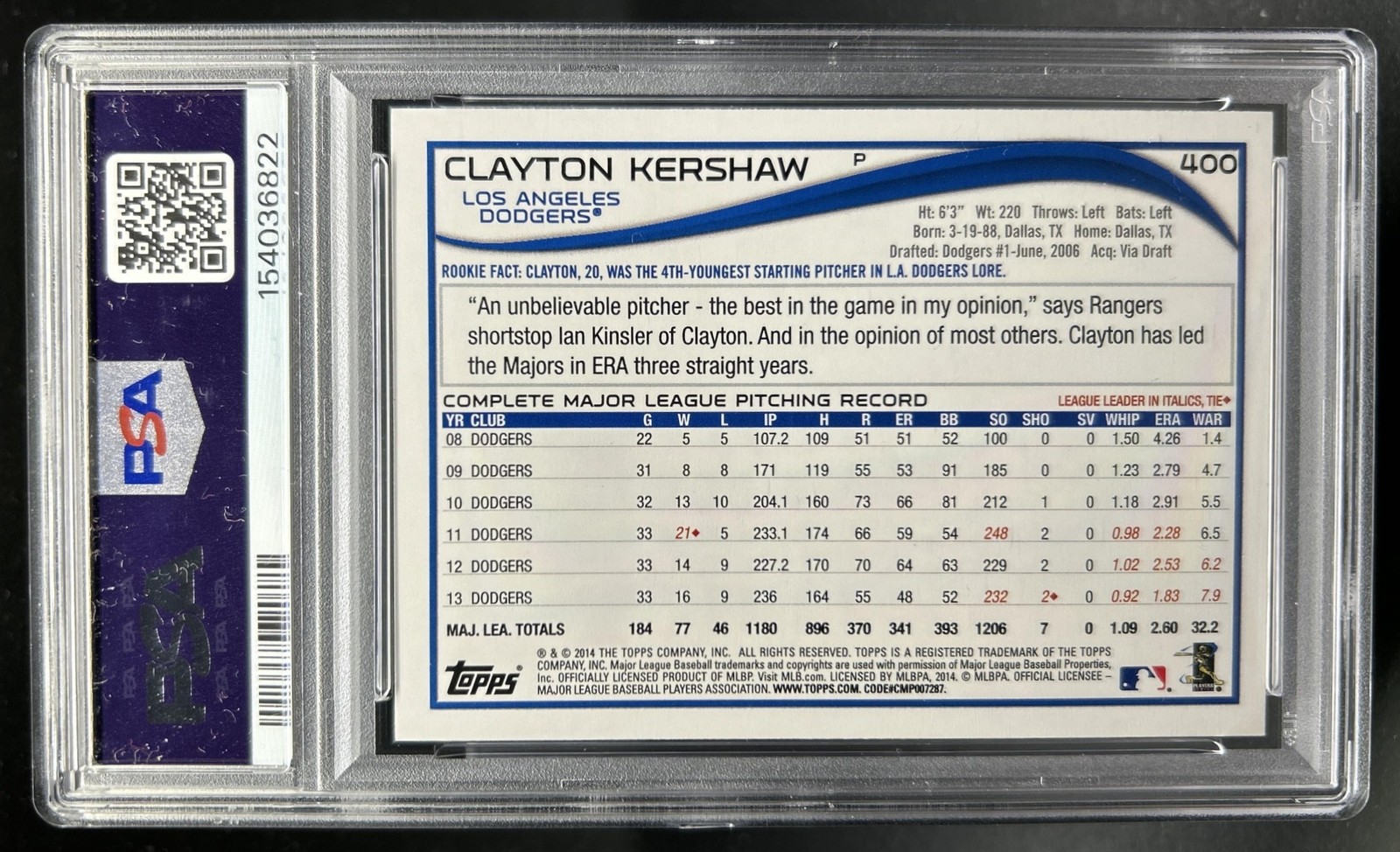 2014 Topps Clayton Kershaw SP VAR #400c Dodgers PSA 10 GEM MINT view 2