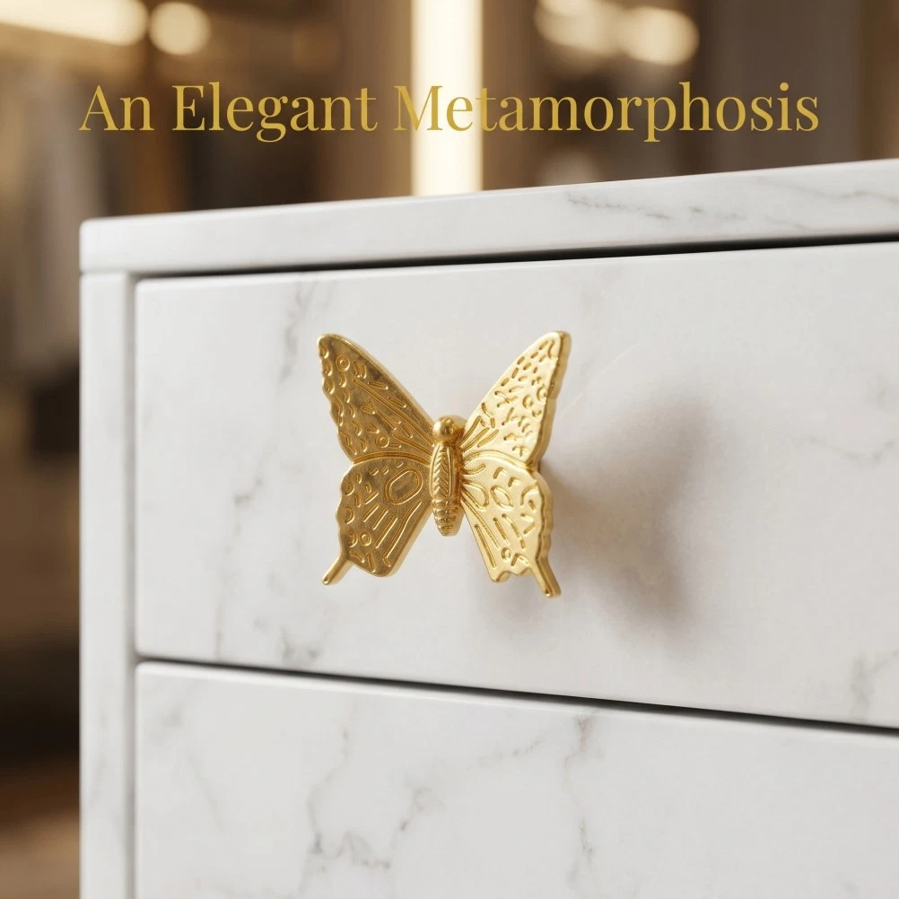 4Pcs Vintage Butterfly Knob, Single Hole Cabinet Handle, Golden Drawer Pull,