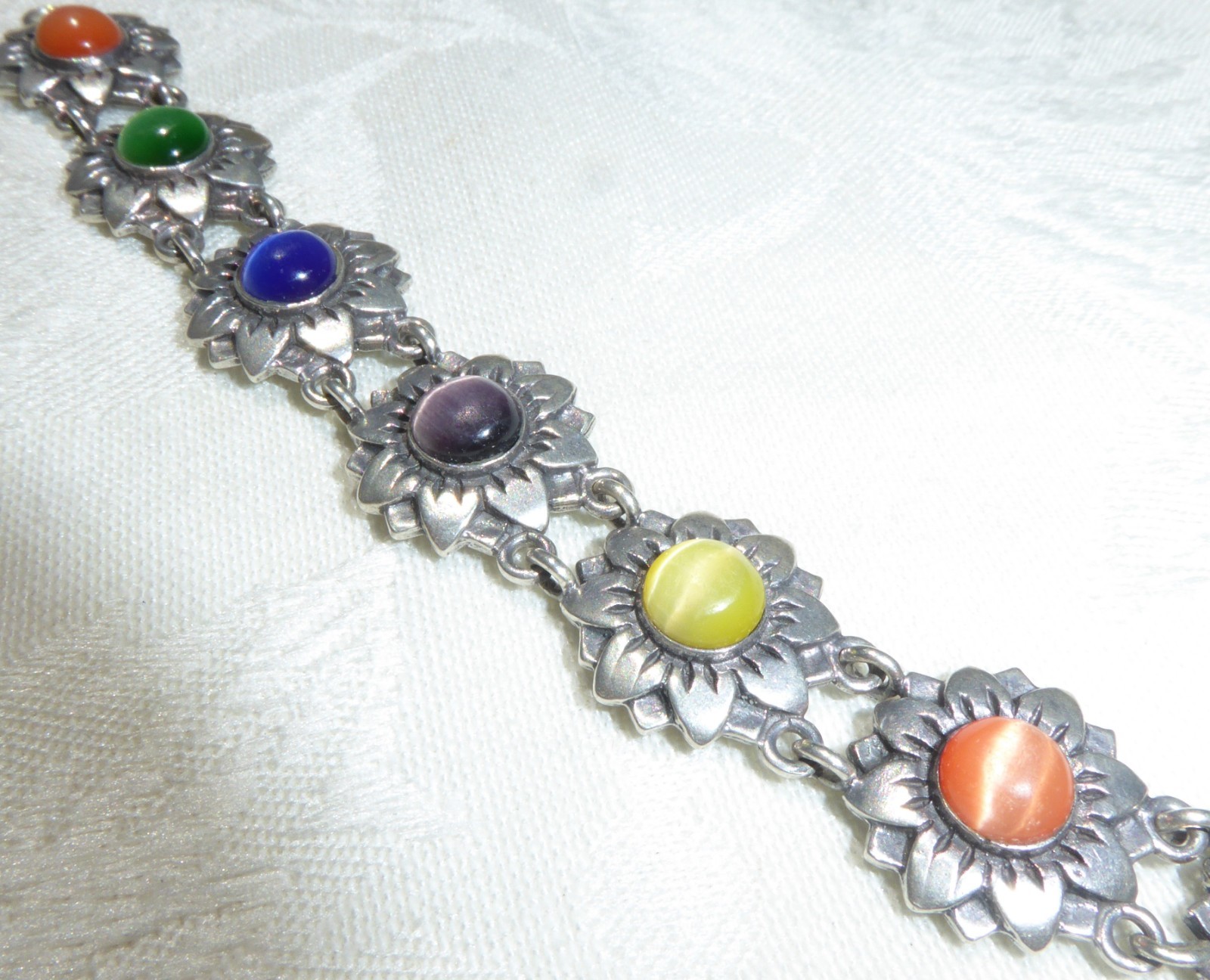 VINTAGE HANS Thai Bracelet STERLING SILVER Sunflower Links Cat's Eye Color Stone