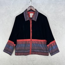 Coldwater Creek Jacket Womens Medium Petite Black Velvet Tapestry Artsy Zip Up