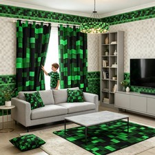 Pixelated Miners Game Blackout Curtains,Geometric Check Video Games Nursery B...
