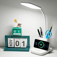 Upgraded LED Desk Lamp with Wireless Charger Small Desk Light with Pen White