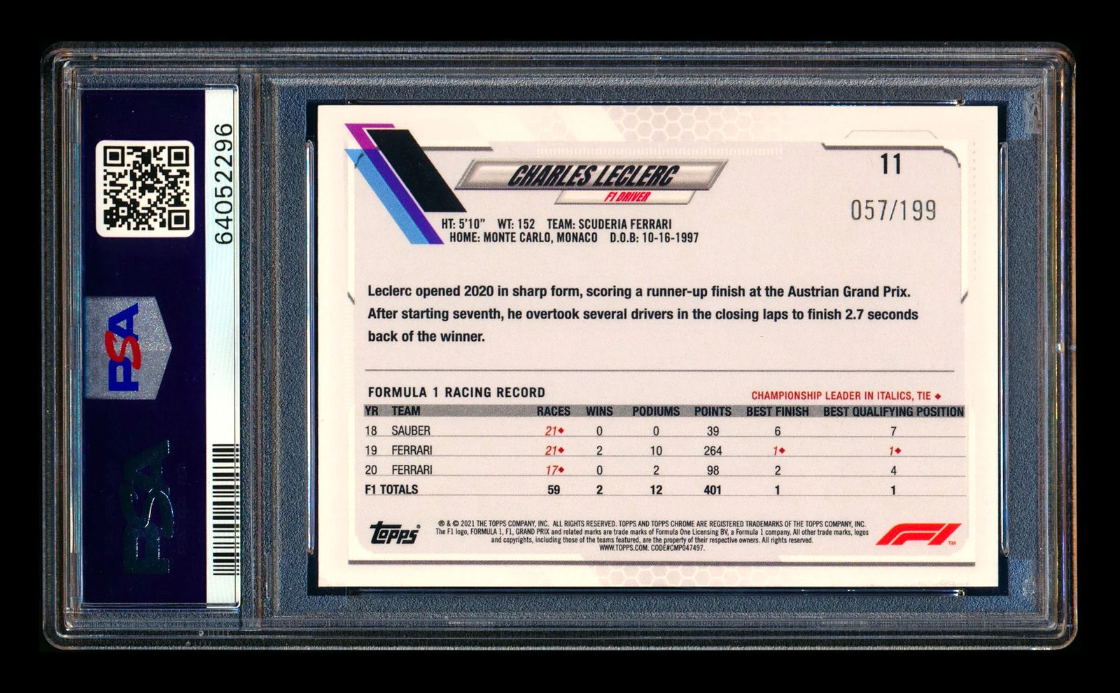 2021 Topps Chrome F1 #11 Charles Leclerc Purple Checker Refractor #057/199 PSA 9 view 2