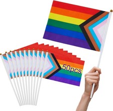 Progress Rainbow Pride Flags, 50 Pack Small Mini Hand Held Stick Flags, Ideal fo