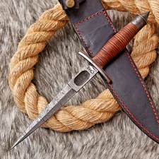 V-42 US Special Forces WWII Dagger Knife Double edge DamascuBlade Leather Handle