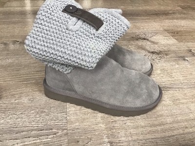 UGG Womens Size 6 Grey Suede Purl Knit Cuff Buttoned Ankle Booties 1125494