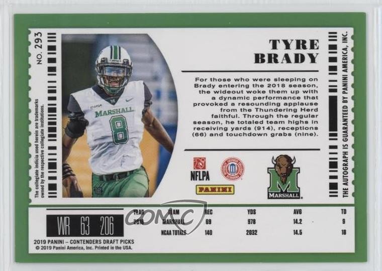 2019 Contenders Draft Picks College Ticket 17/23 Tyre Brady Rookie Auto RC 0c2 view 2