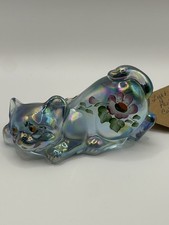 Fenton Art Glass Iridescent Blue Crouching Cat Hand Painted by Debbie Cutshaw
