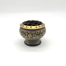 Vintage Brass Incense Burner Holder Bowl Etched Floral Design Boho Home Decor