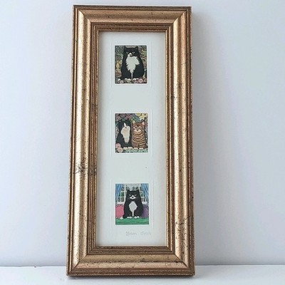 Vtg PIER 1 Framed Cat Art By Sharon Jarvis 8''×3.25'' Weathered Gold Frame W Mat
