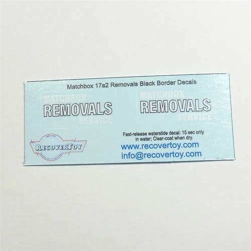 Matchbox Lesney 17a2 Removals Van White Black Text Pre-cut Decal Set