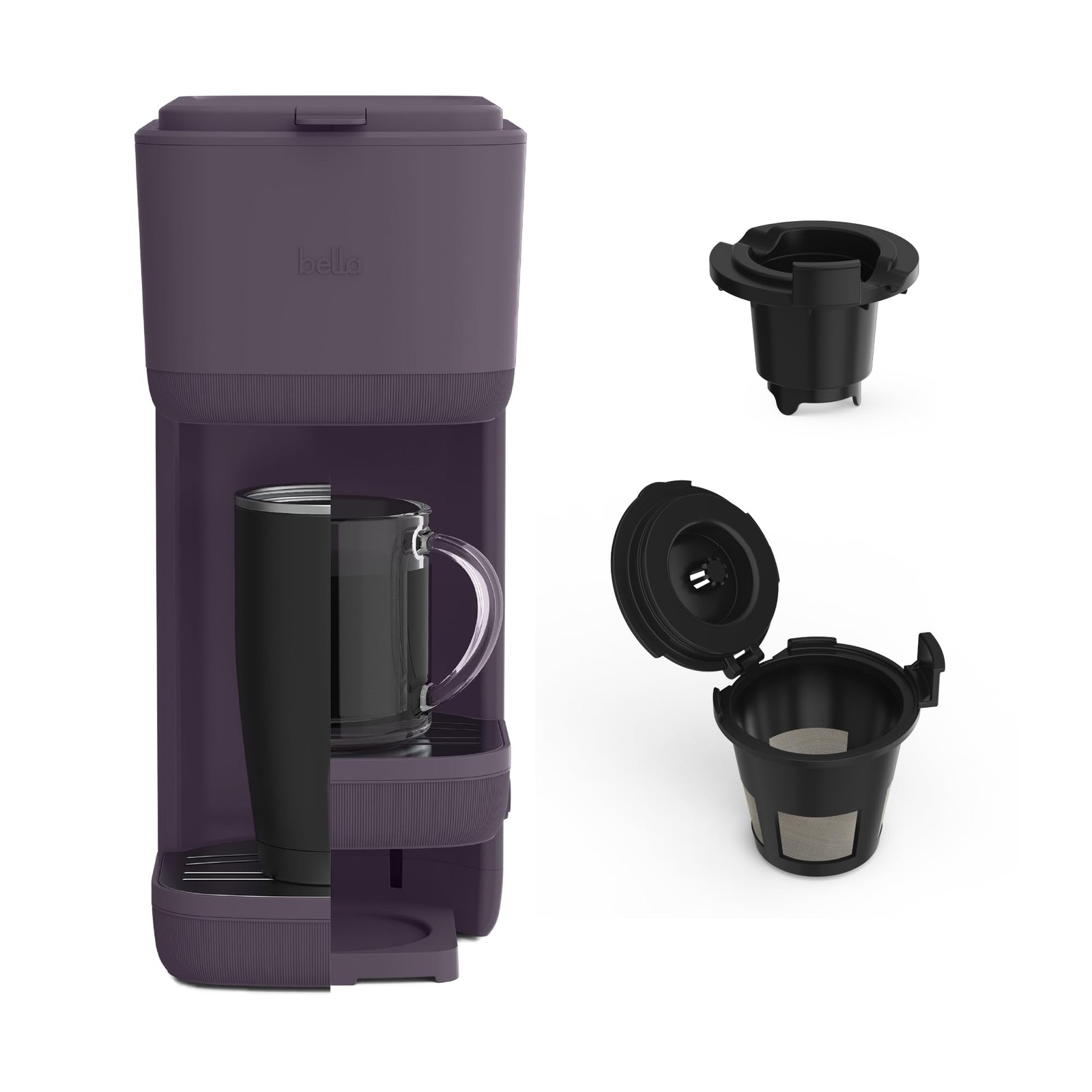 BELLA Single Serve Coffee Maker, K Cup & Ground 6oz-14oz, Plum 