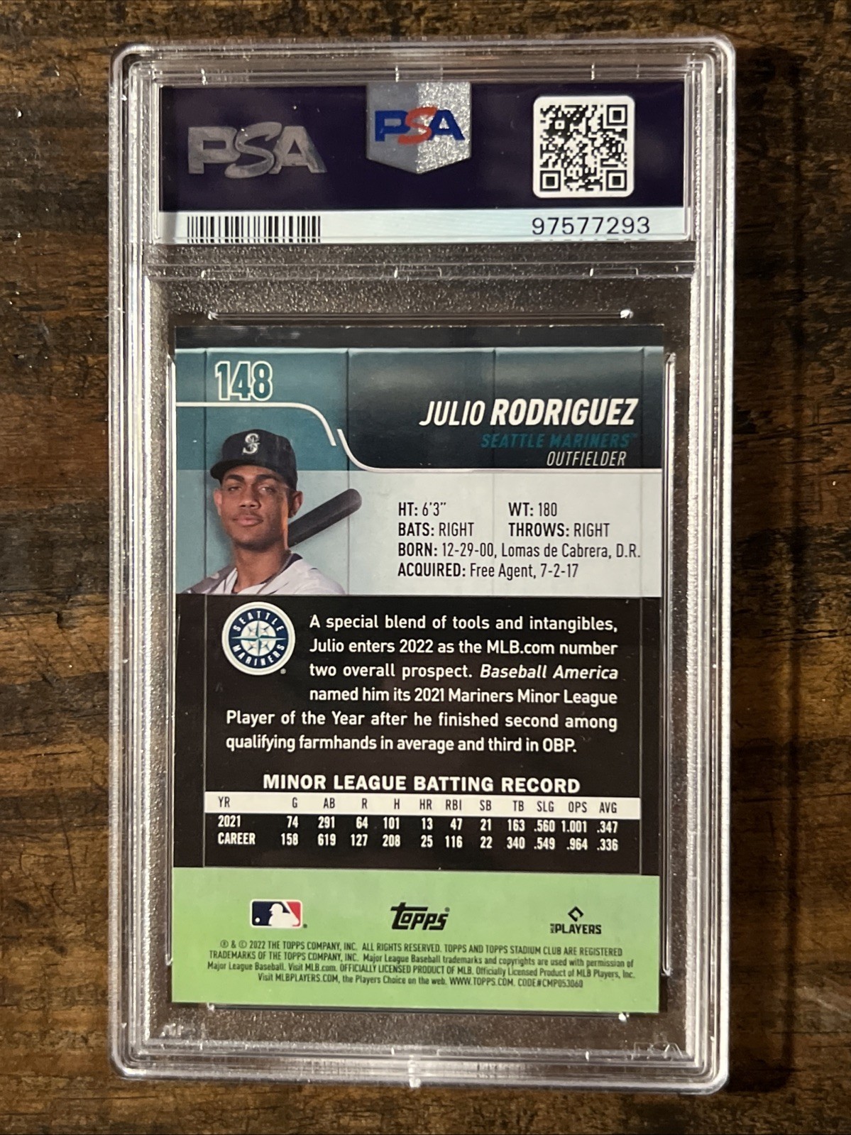 Julio Rodriguez PSA 9 MINT 2022 Topps Stadium Club RC #148 Mariners Rookie Card view 2