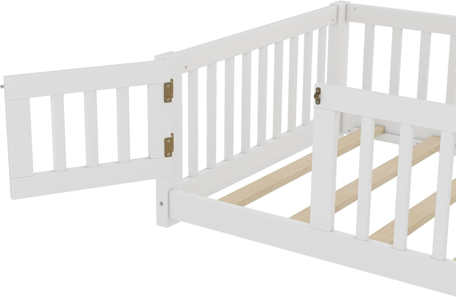 Montessori Twin Floor Bed Frame with Fence and Removable Door, White