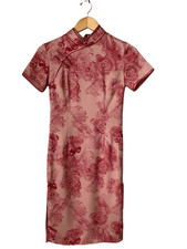 Chinese Qipao Cheongsam Pink Floral Silk Midi Dress Size 2
