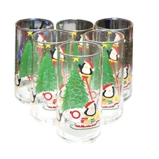 Vintage Libbey Crisa 6 Piece Set of Christmas Tree Decorating Penguin Glasses