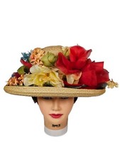 VTG 1960s CHRISTIAN DIOR Vivid Flowers Floral Hat Women's Chapeaux Paris-NY RARE