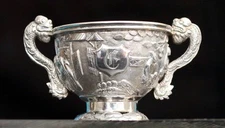 FINE ANTIQUE CHINESE EXPORT SILVER MINIATURE BOWL W/ DRAGON HANDLES