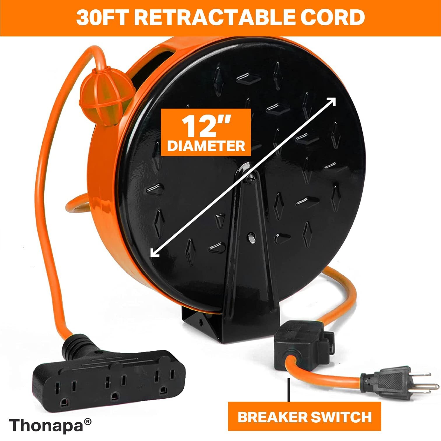 Thonapa 30 Ft Retractable Extension Cord Reel with 3 Electrical Power Outlets...
