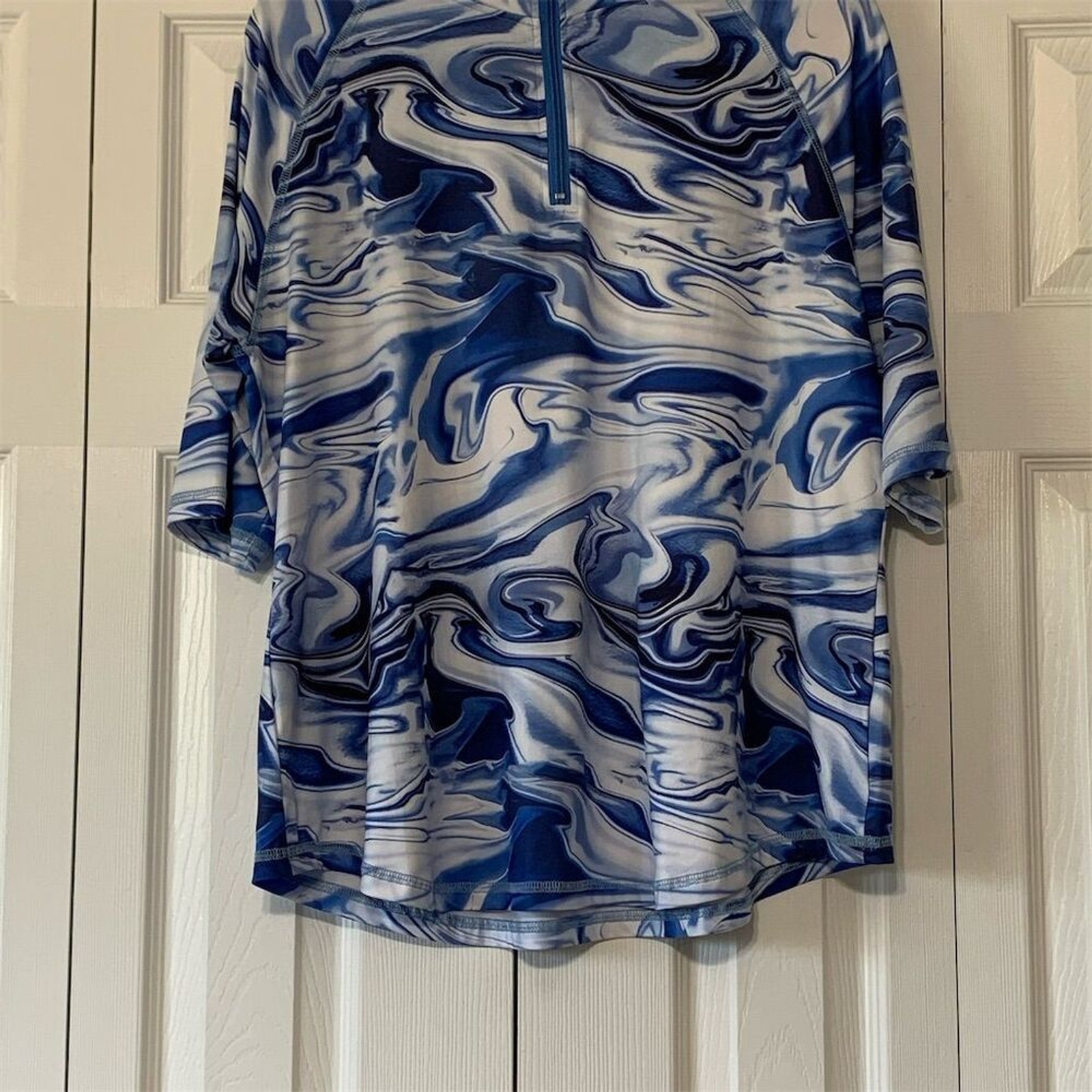 Women's Blue Geometric Half-Zip Tunic Top 3/4 Sleeve Casual 2XL