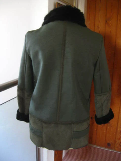 M&S FLYING JACKET COAT AVIATOR COLLECTION green faux suede  12 fur collar teddy - Image 3 of 4