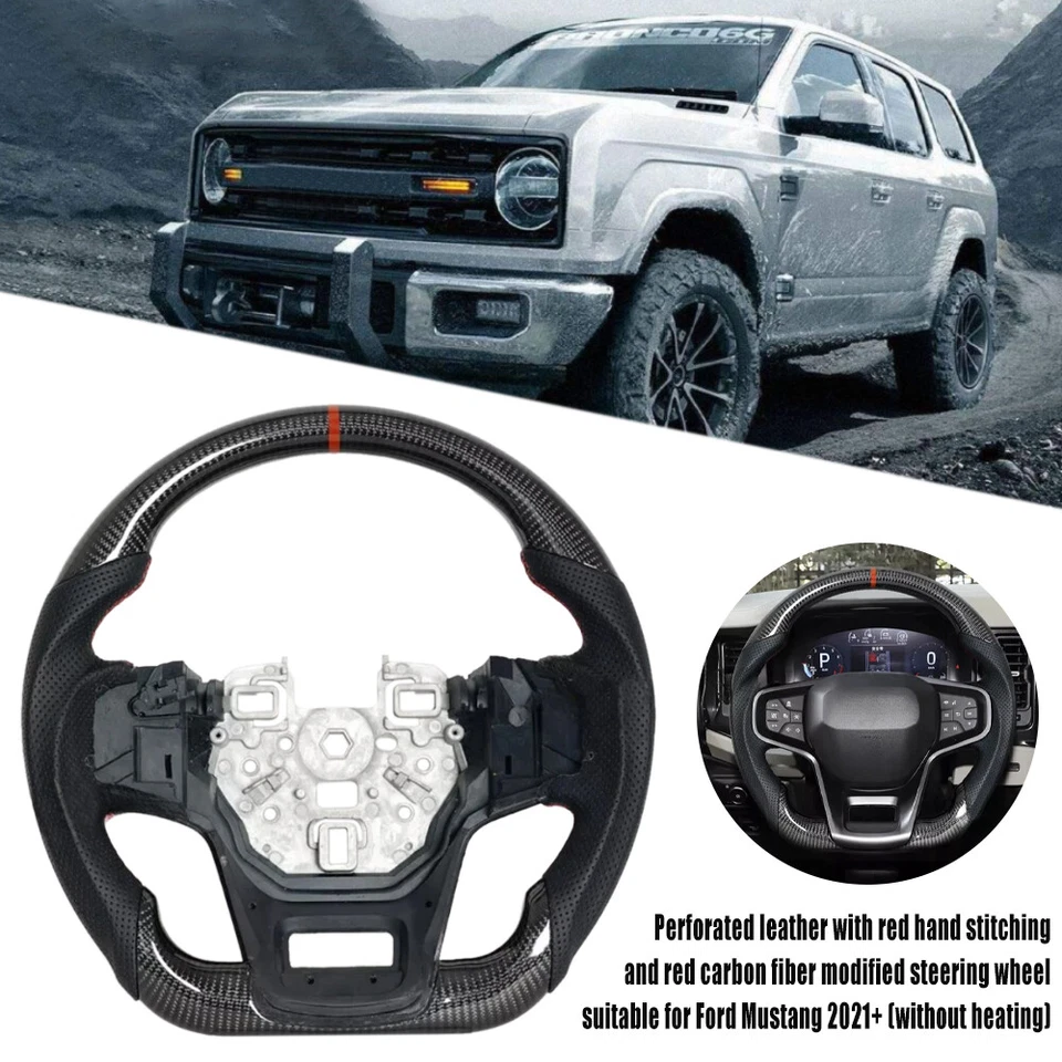 For Ford Bronco 21-24 Carbon Fiber Flat Sport Perforated Leather Steering Wheel - Image 2 of 4