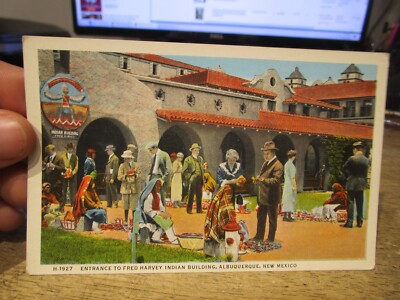 N8 NEW MEXICO Old Postcard Albuquerque Fred Harvey Mexican Indian Building Rugs