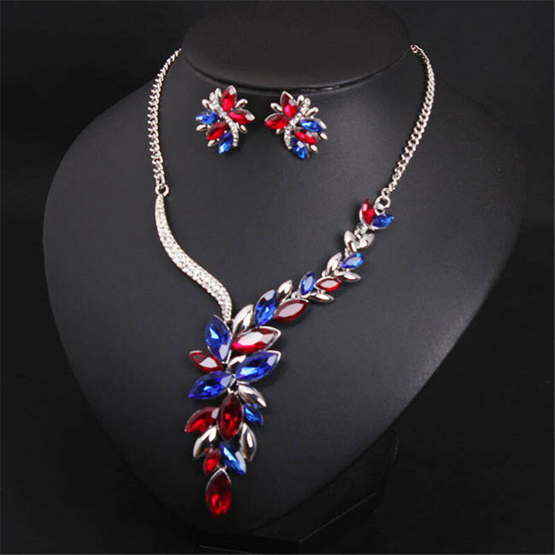 Fashion Women Bridal Crystal Necklace Earrings Jewelry Set