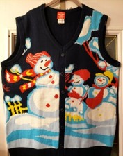 Wow!! Snowman Family Navy Button Vest Xl 50" Bust X 30"l Soft & Comfy