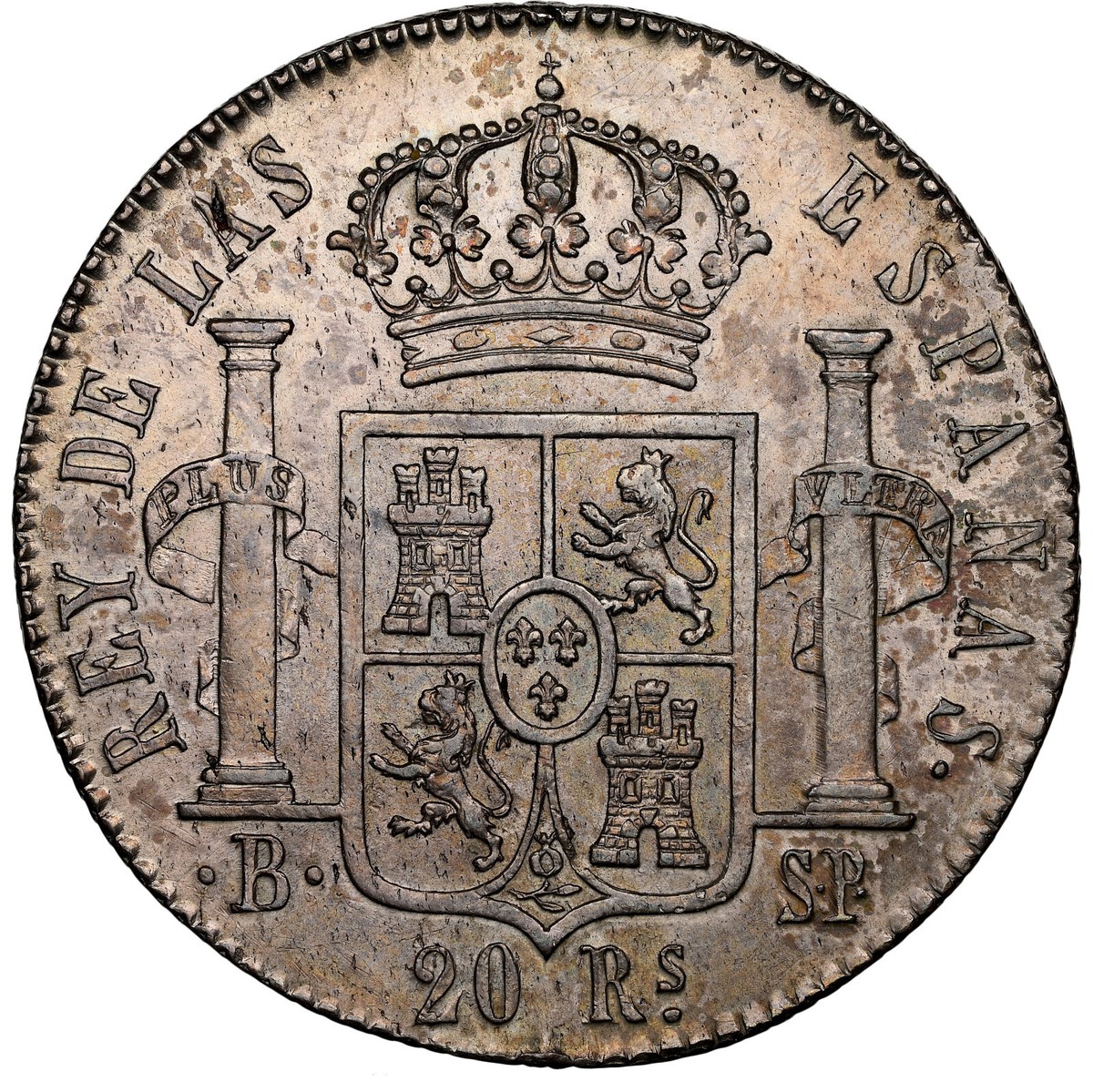 SPAIN De Vellon 20 Reales 1822 B-SP NGC AU Details Ferdinand VII