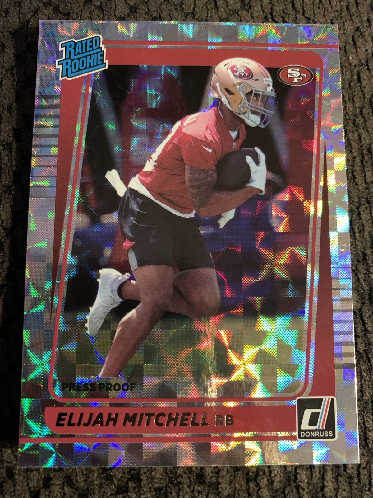 2021 Panini Donruss Elijah Mitchell Hyper Press Proof Rated Rookie RC Card Sharp