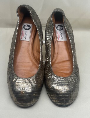 Auth LANVIN  Ballerina Metallic Gold  Brown Leather Flats US 7.5 $500