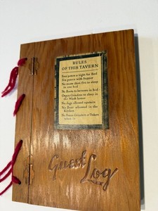 vintage unused? GUEST LOG RULES OF THIS TAVERN wood wooden covers BAR WARE