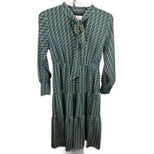 CIEBON Women's Geometric Print Midi Dress with Tie Neck Blue Green Size Small