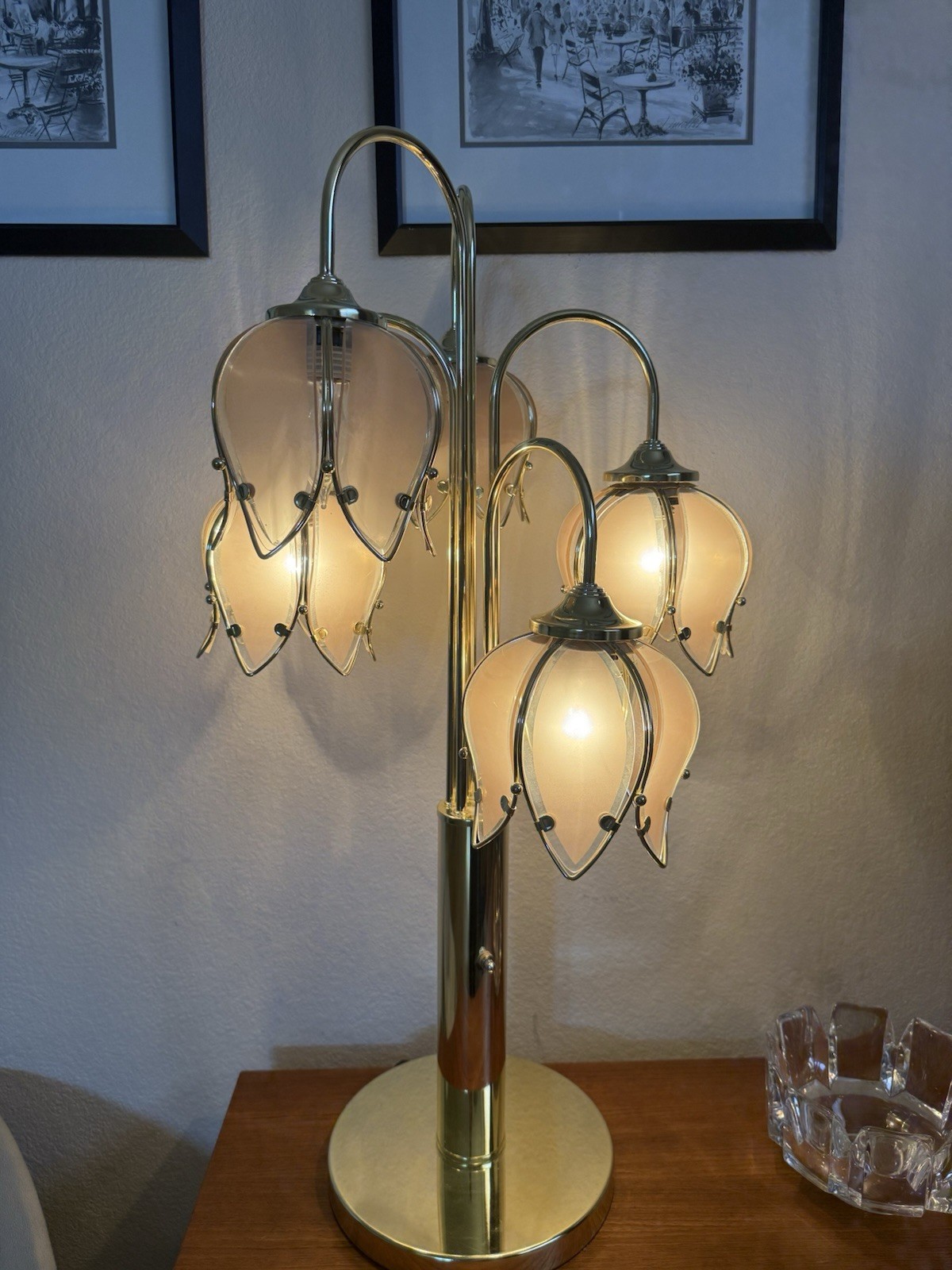 Vintage Art Deco Hollywood Regency Pink Tulip Waterfall Table Lamp Anthony Cali