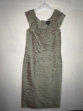 Adrianna Papell Sage Green Sheath Dress Rosette Pleated Formal Size 10