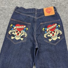 Vintage Ed Hardy Jeans Mens 34x32 Blue Denim Button Fly Love Kills Slowly Skulls