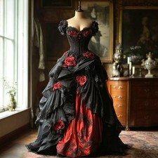 Black Burgundy Gothic Prom Dresses 3D Flower Bustle Corset Lace Up Pleated Gowns