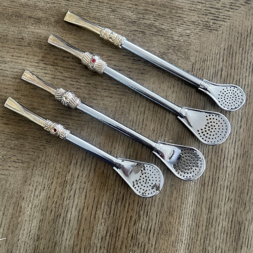 4 pc Vtg Yerba Mate Bombilla Tea Spoons Straw Filter Garibaldi So Metal - Picture 1 of 12