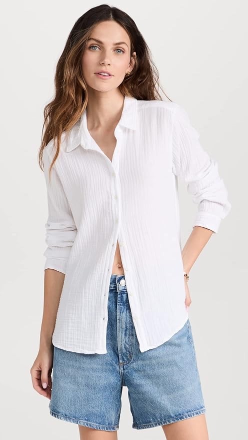Xirena White Scout Button Down Top Gauzy Cotton Long Sleeve Shirt, Size Medium