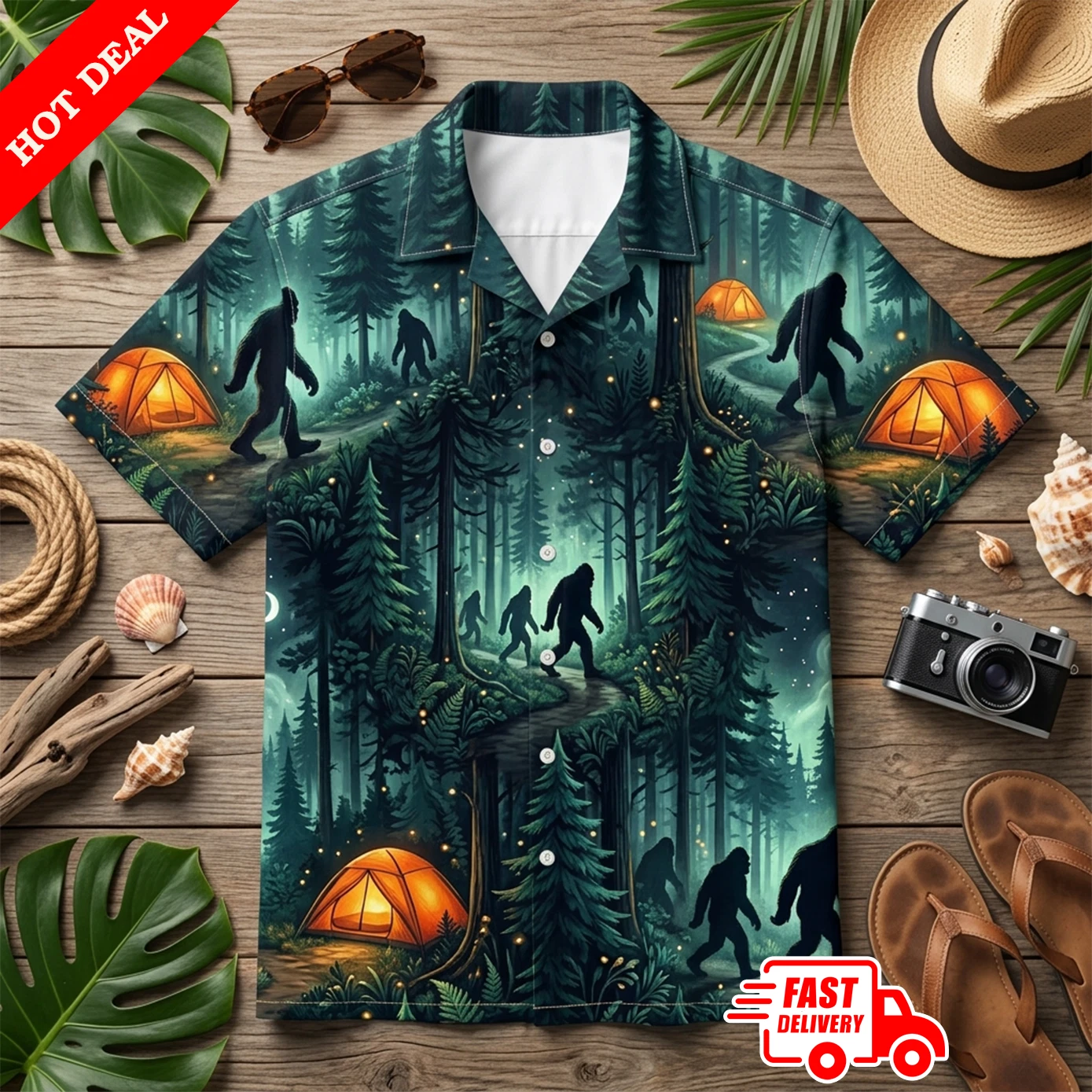 Bigfoot Sasquatch Mens Hawaiian Shirt Camping Forest Green Aloha Button Down